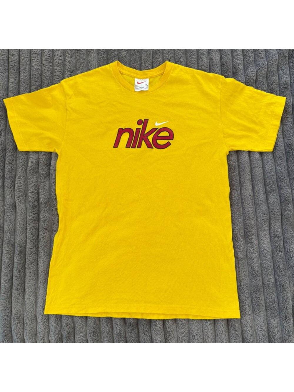 Vintage Nike Yellow T-Shirt With Red Logo Graphic Made in the USA Sz XL